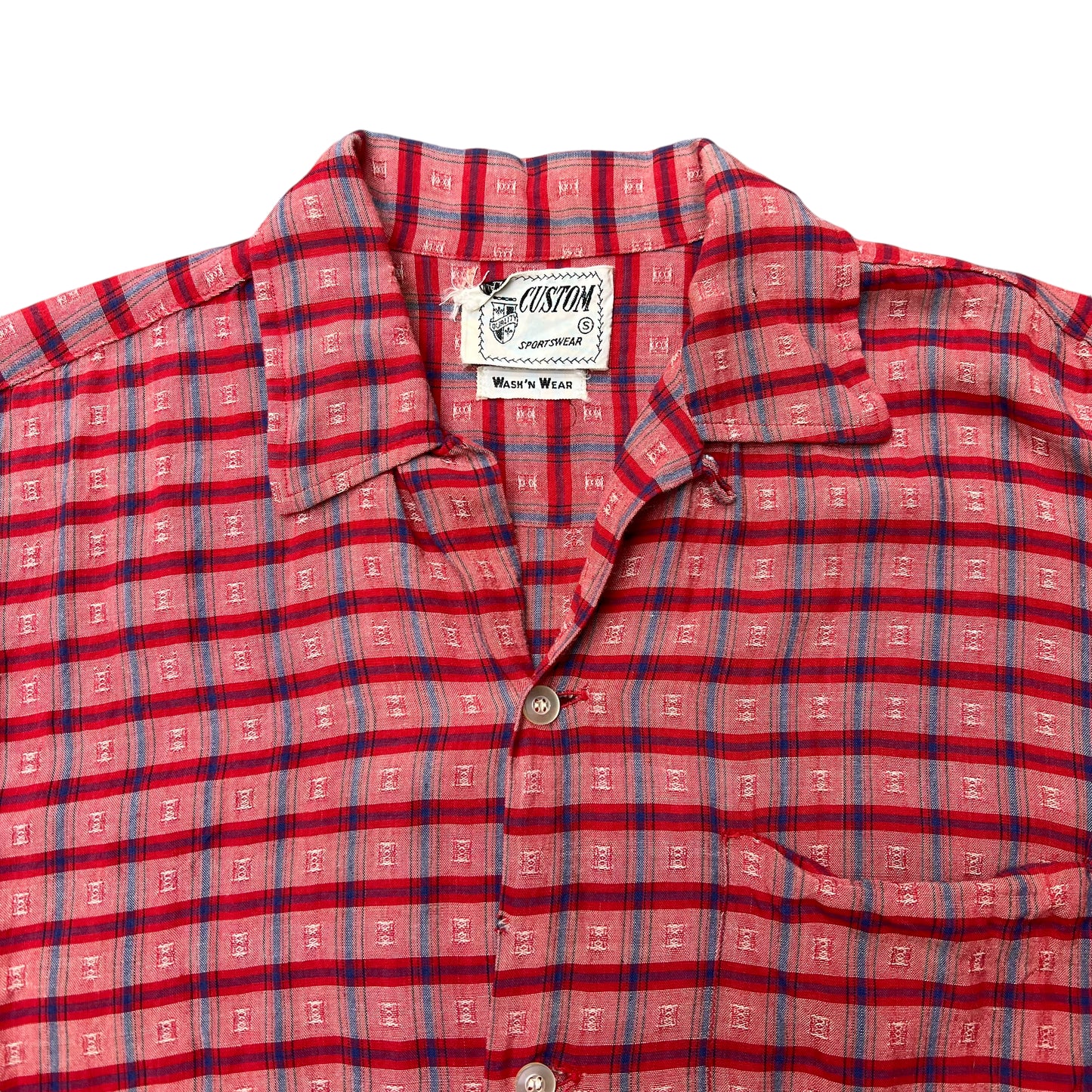 1950s Rayon red plaid loop collar shirt (S)