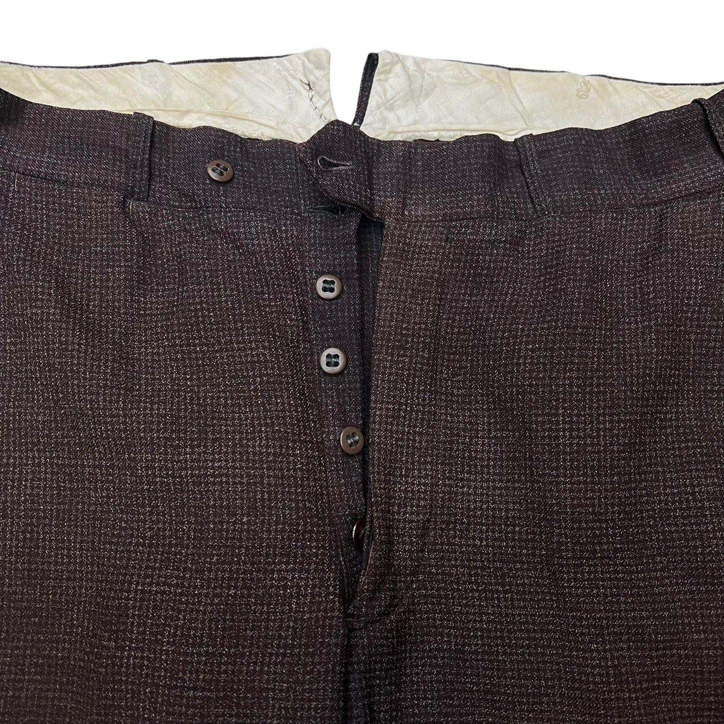 1930s NRA brown faded cotton/wool blend fleck pattern pants (34w)
