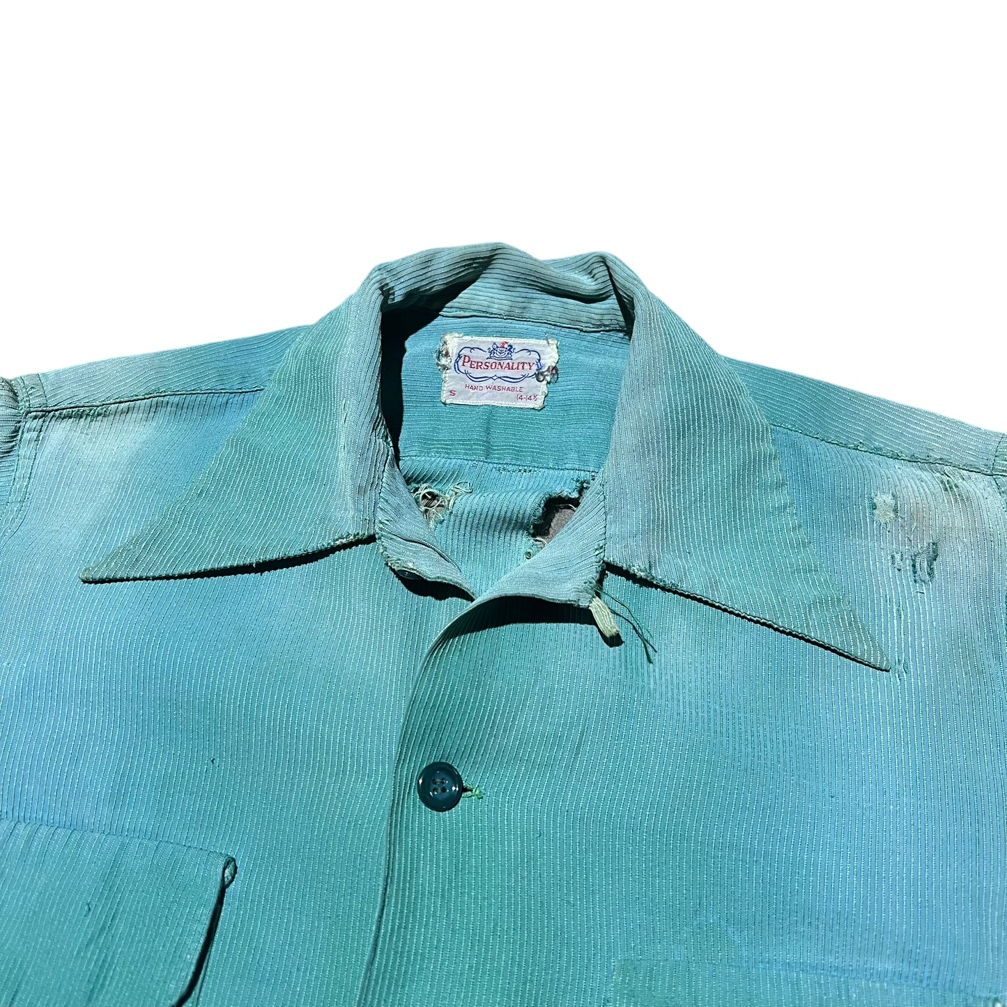 1940s 1950s Personality ribbed cotton greenish loop collar shirt (S)