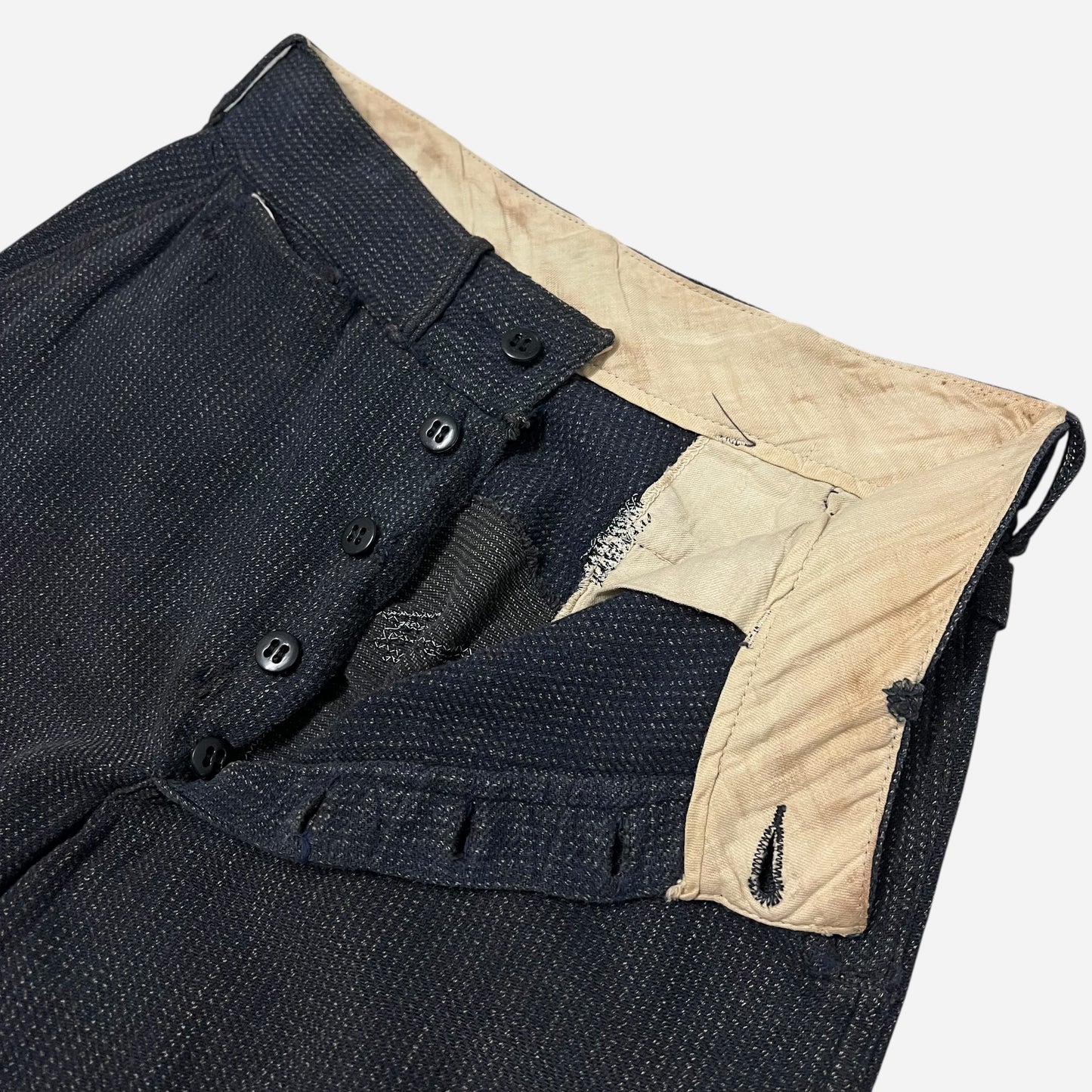 1930s Navy/black side clasp cotton salt & pepper repaired button fly work pants (27w)