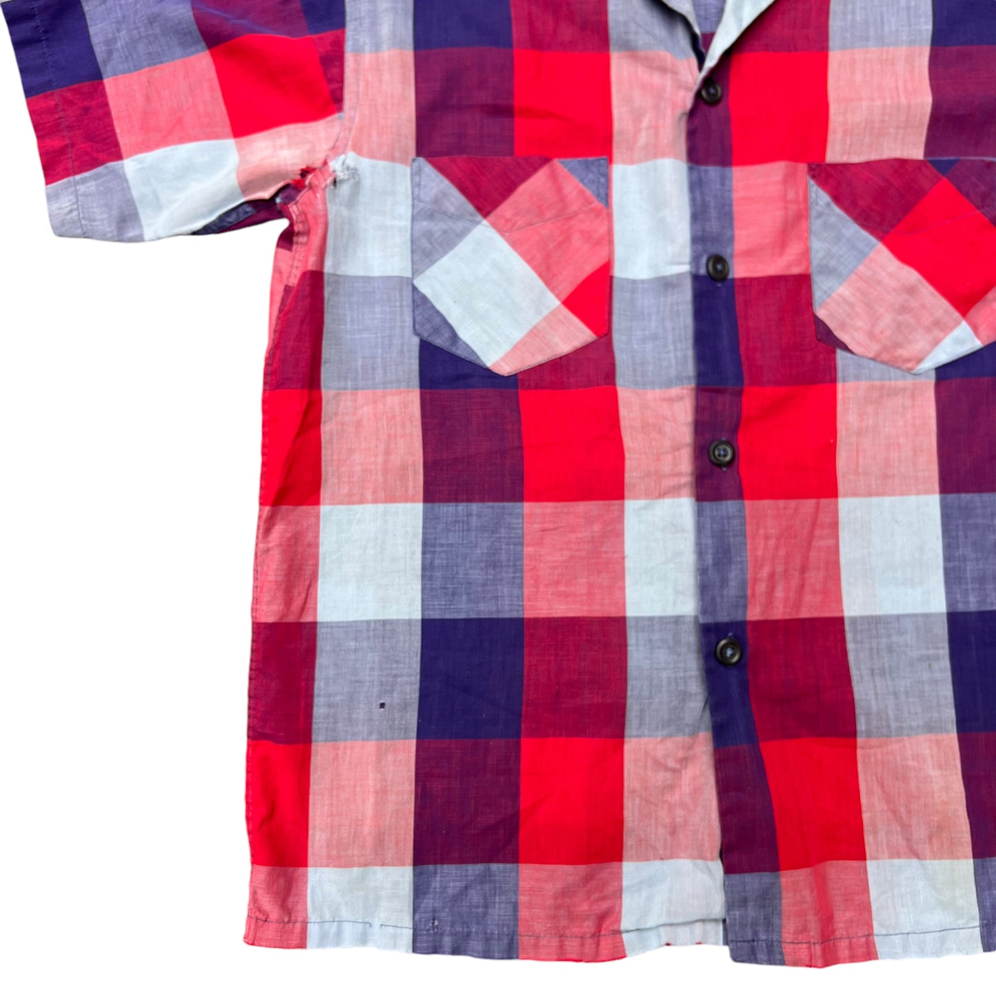 1950s Tom Sawyer red blue box plaid cotton loop collar shirt (S/M)