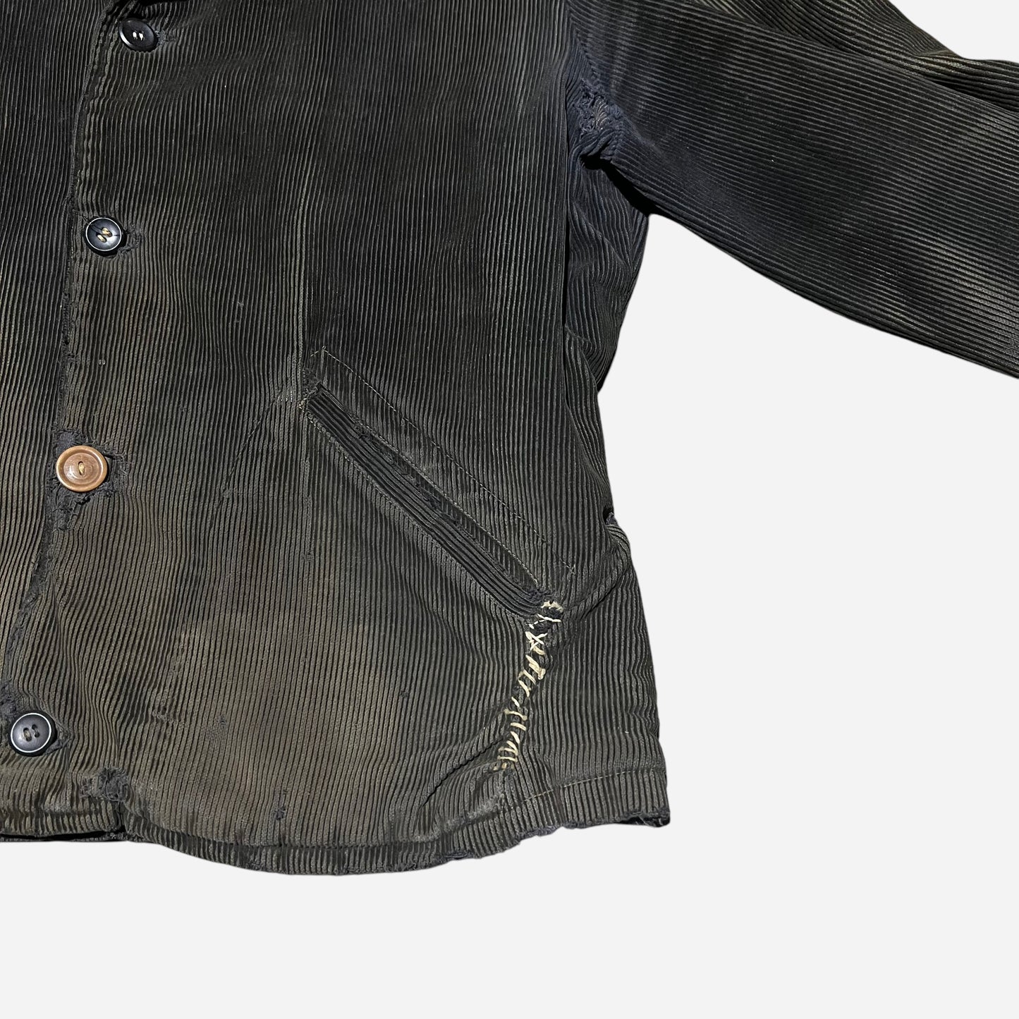 1930s Black sun faded corduroy belt back work jacket (M)