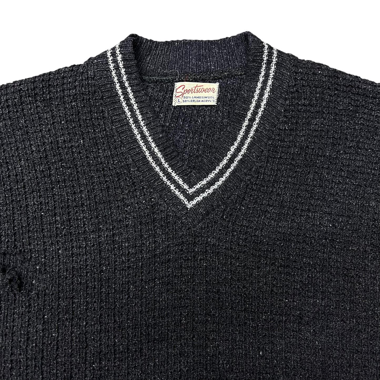 1950s Black fisherman knit v neck sweater (M)