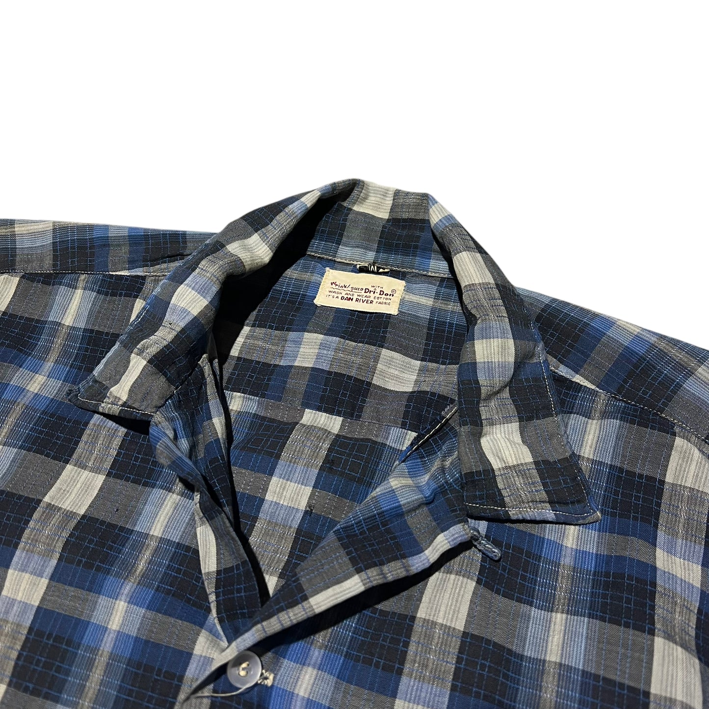 1950s Dan River cotton blue shadow plaid loop collar shirt (M)