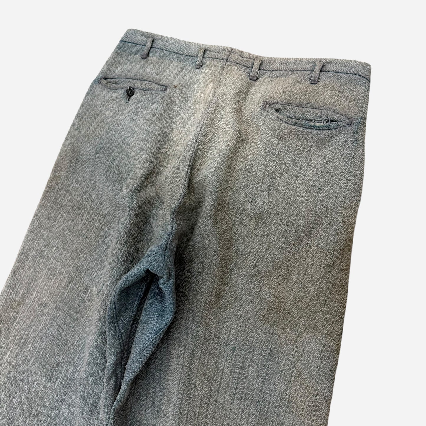 1930s Blue sun faded cotton pleated repaired work pants (31w)