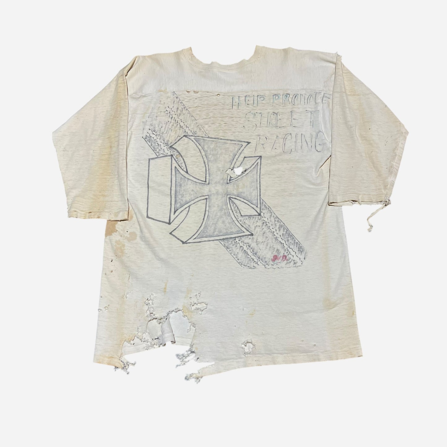 1960s Hanes thrashed hand drawn “Help Protect Street Racing” white cotton jersey shirt (L)