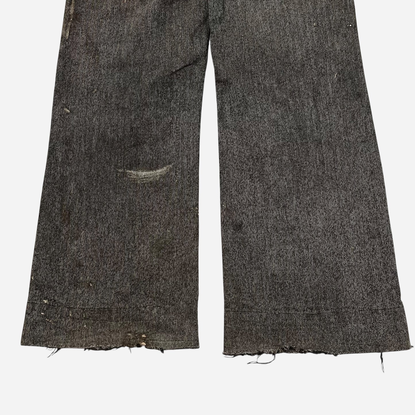 1930s Salt & pepper cotton hbt heavily repaired button fly work pants (30w)