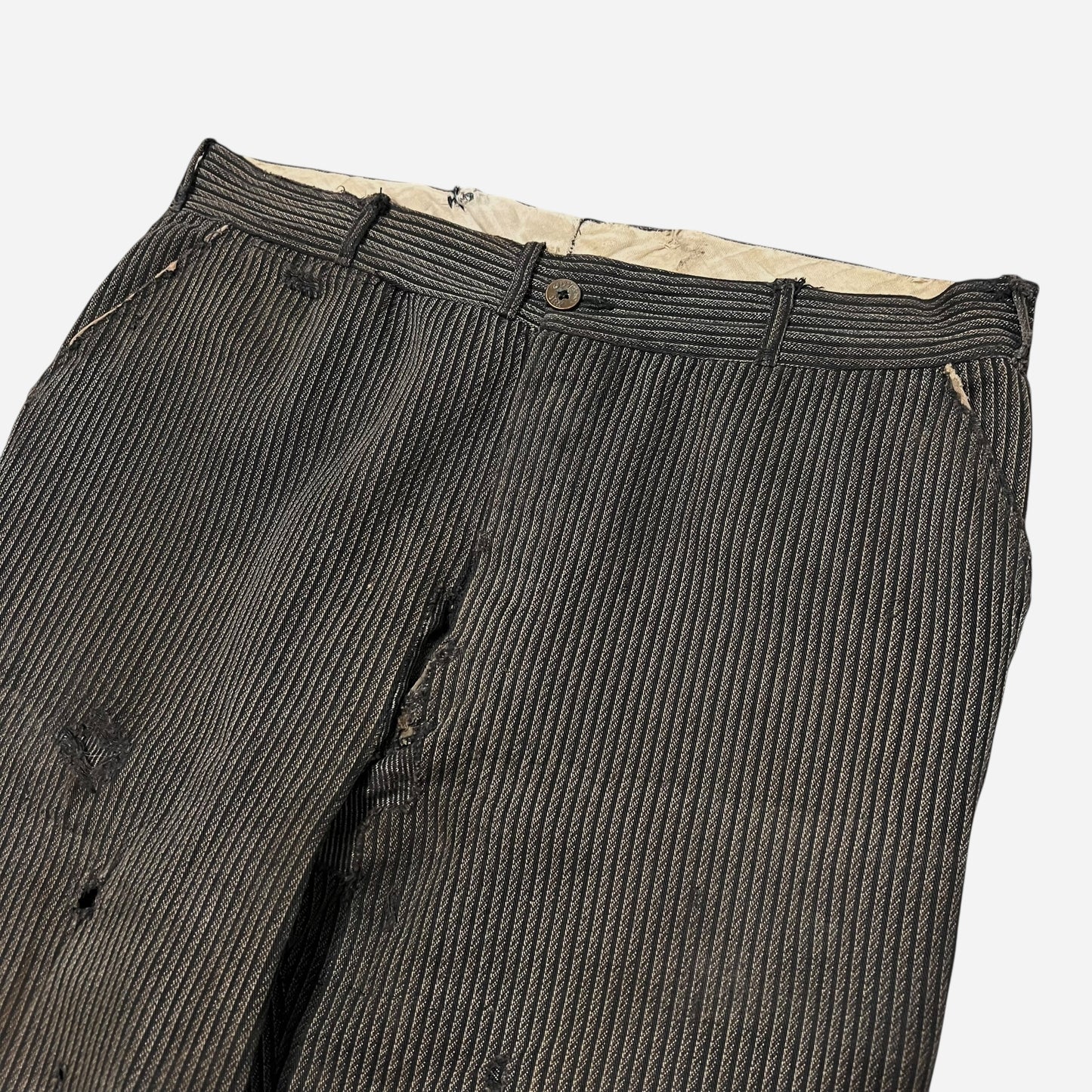 1930s Sweet Orr Stifel Whirlwind striped salt and pepper cotton repaired pants (34w)