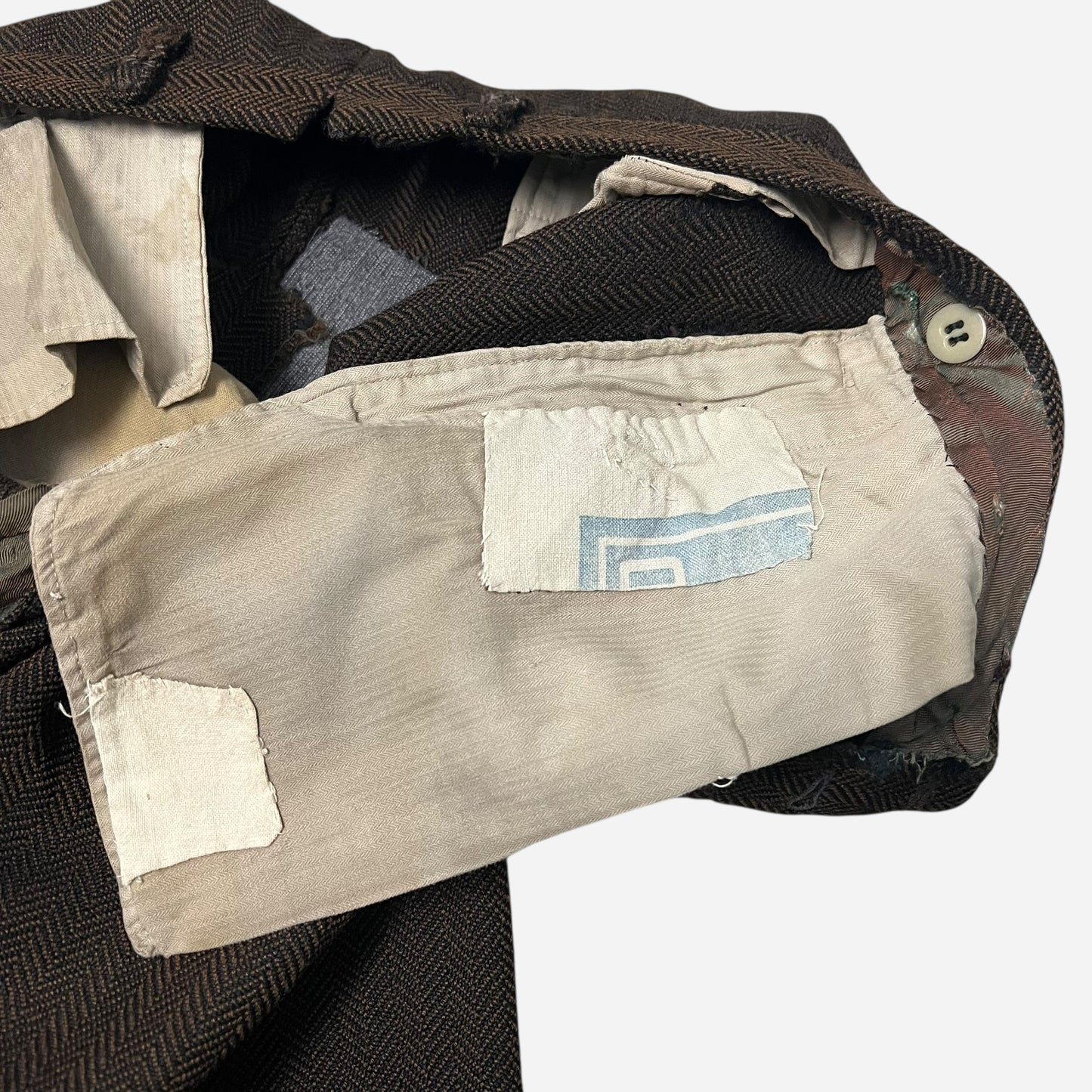 1930s Brown tweed herringbone button fly Stifel repaired pleated work pants (31w)