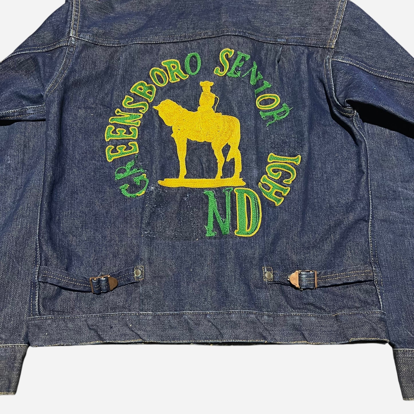 1940s Wrangler 11MJ proto dark wash denim jacket chain stitch embroidered Greensboro High School (38)