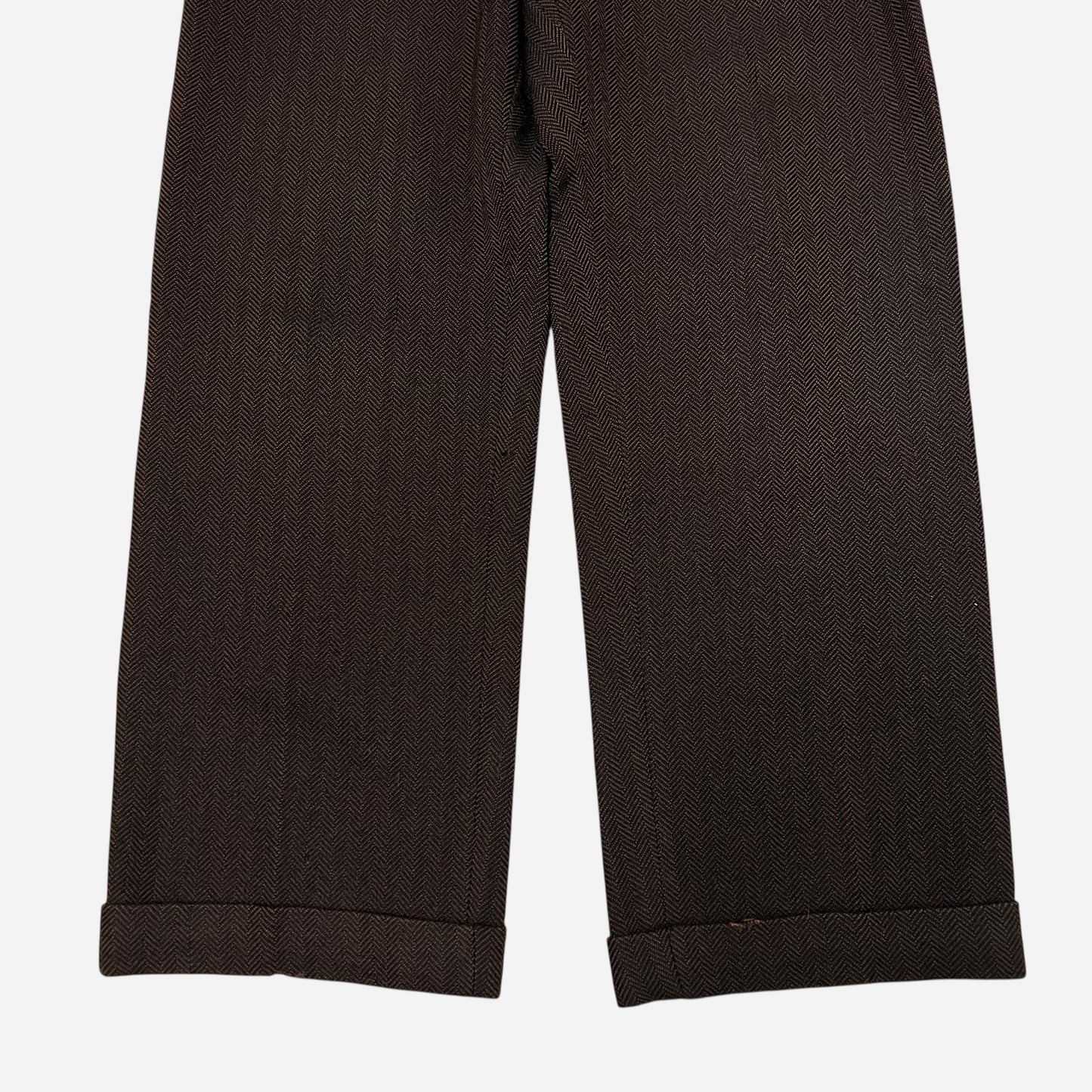1930s Brown tweed herringbone button fly Stifel repaired pleated work pants (31w)