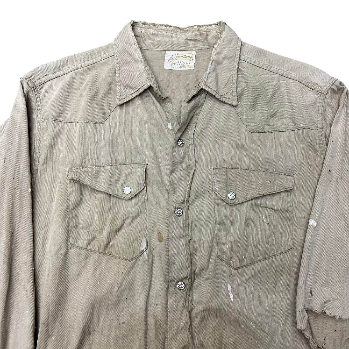1950s Montgomery Ward Power House khaki slant pocket pearl snap shirt (M)