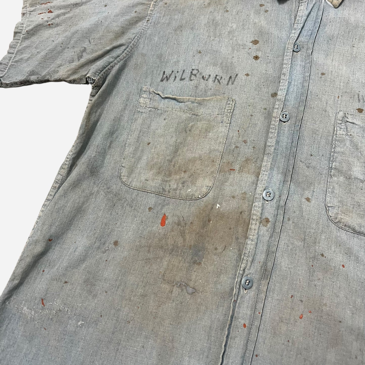 1940s WWII USN stenciled paint splatter chambray shirt (S/M)