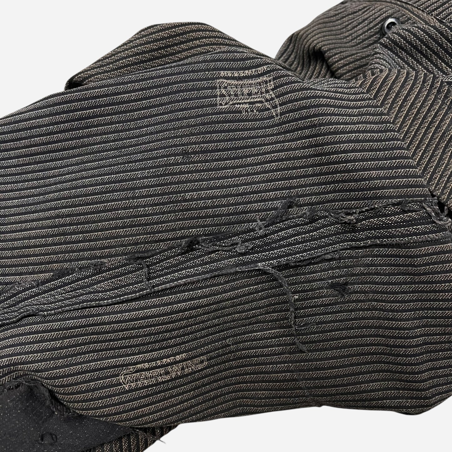 1930s Sweet Orr Stifel Whirlwind striped salt and pepper cotton repaired pants (34w)