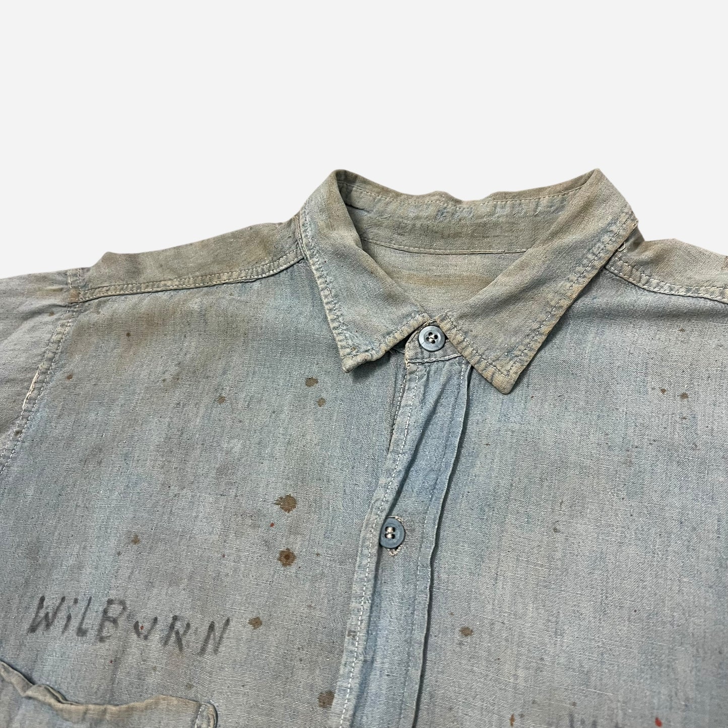 1940s WWII USN stenciled paint splatter chambray shirt (S/M)