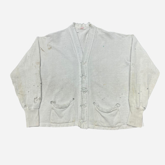 1940s Duxbak distressed white sweatshirt cardigan (XL)