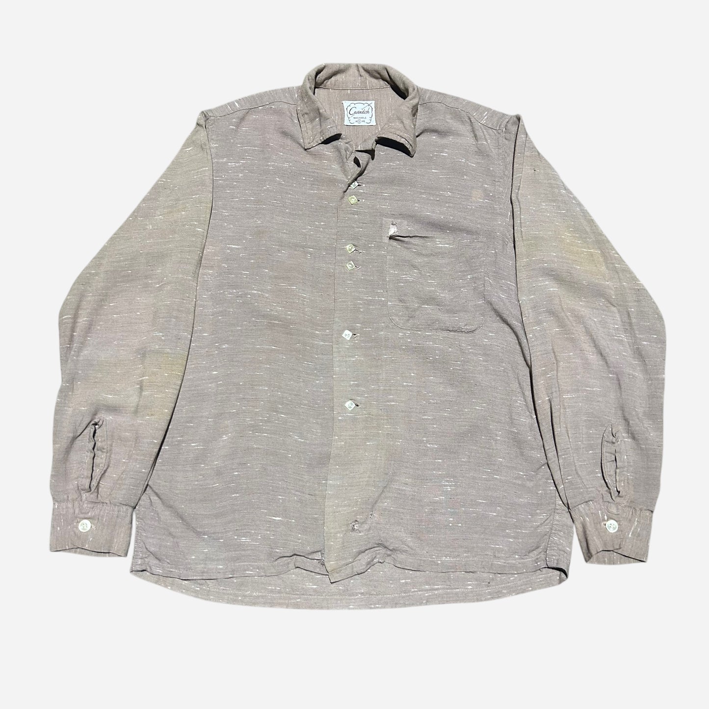 1950s Light brown rayon fleck pattern loop collar shirt