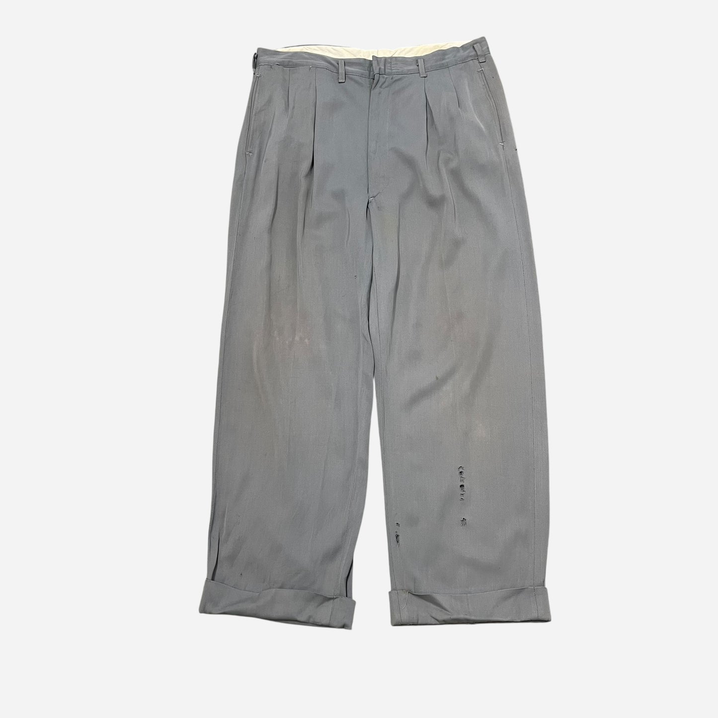 1950s Gray/light blue rayon pleated drop loop pants (32w)