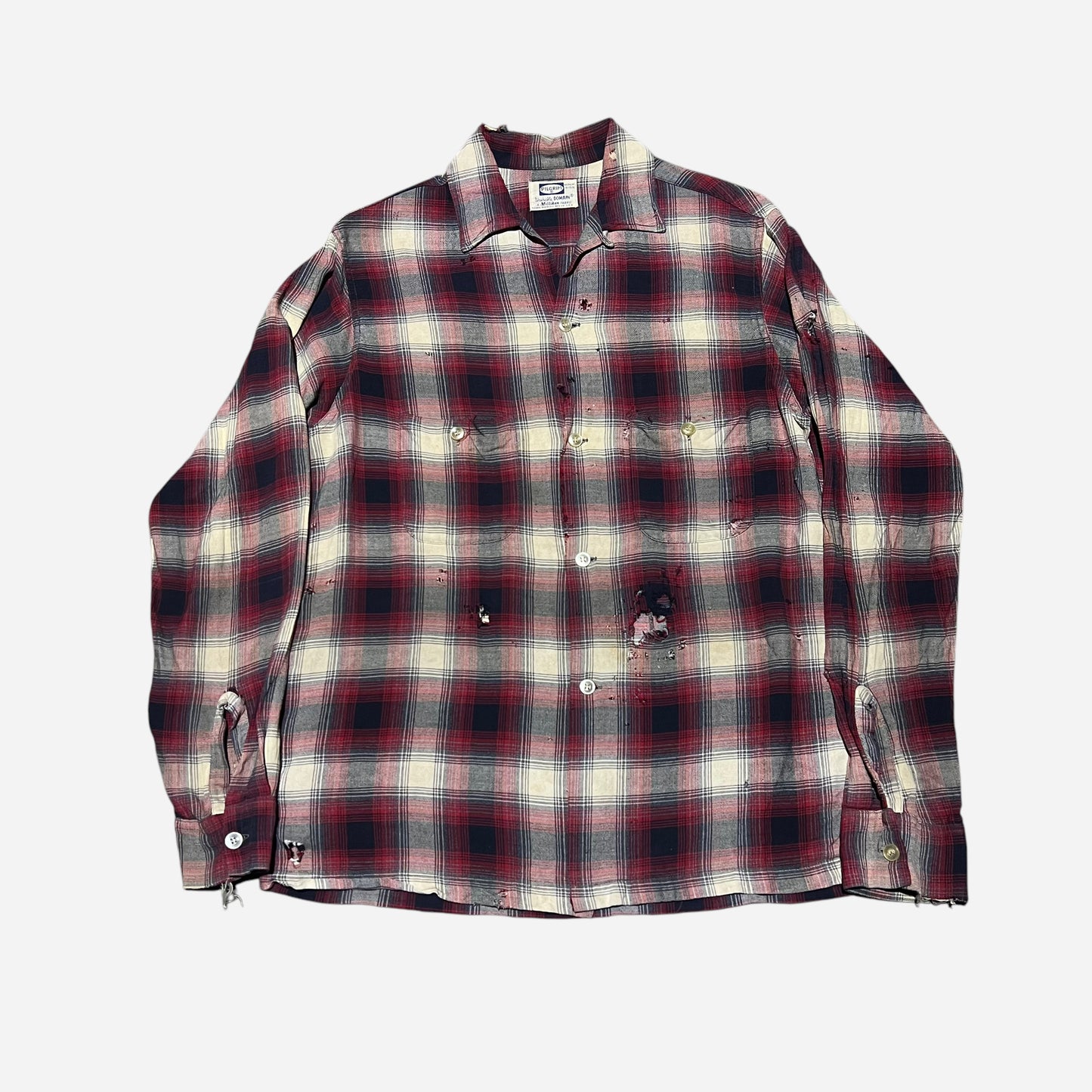 1960s Pilgrim shadow plaid red rayon loop collar shirt (M)