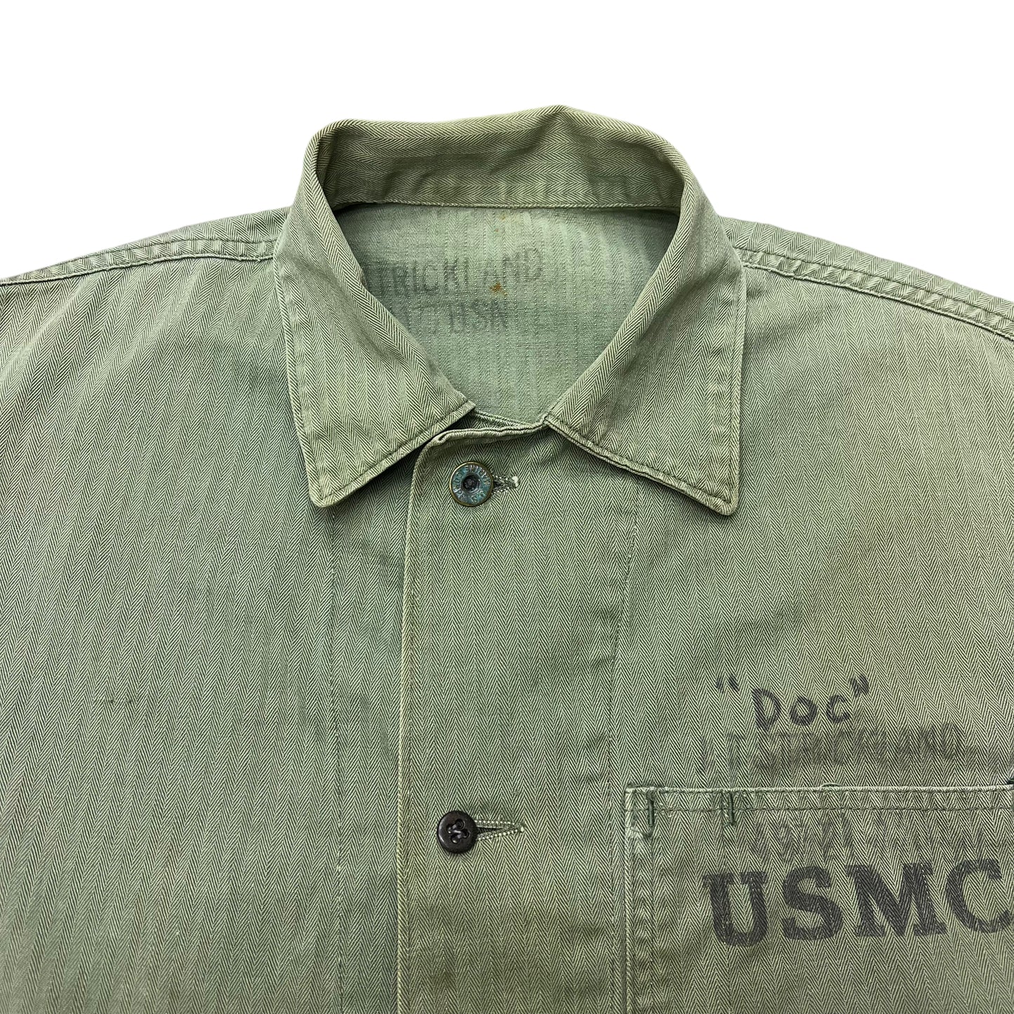 1950s USMC Korean War P41 USN worn HBT shirt jacket stenciled “Doc” (M)