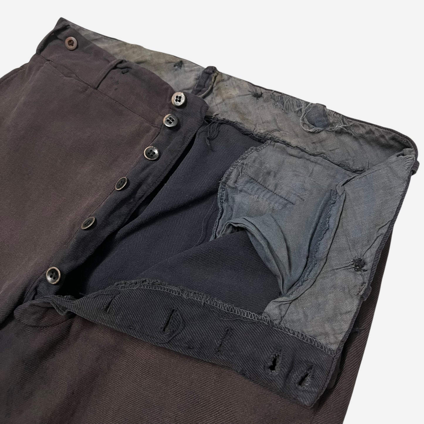 1910s 1920s Sun faded purple double button front cotton work pants (31w)