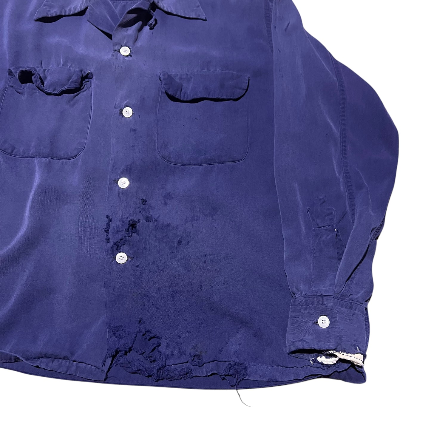 1950s Distressed blue rayon loop collar shirt (M)