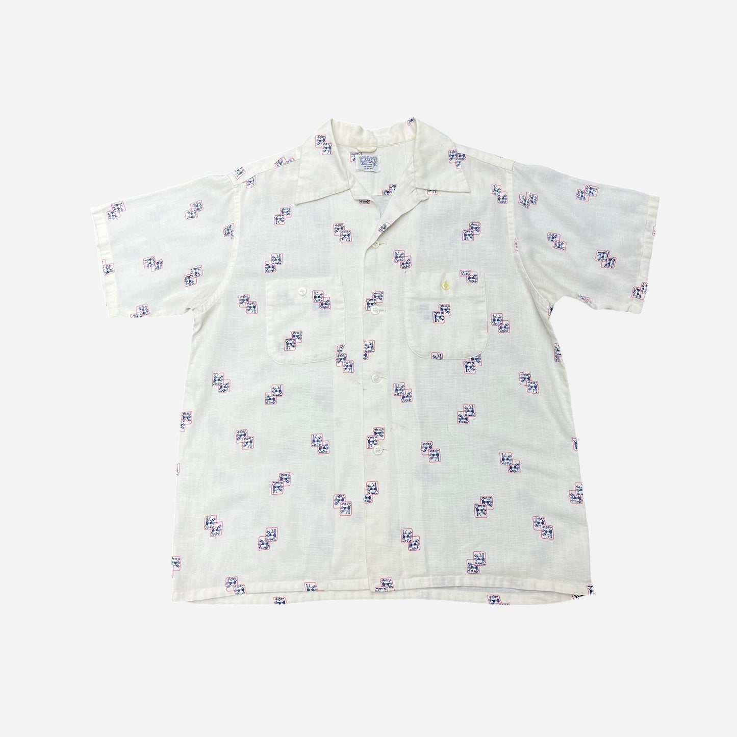 1960s White cotton novelty print loop collar shirt (M)