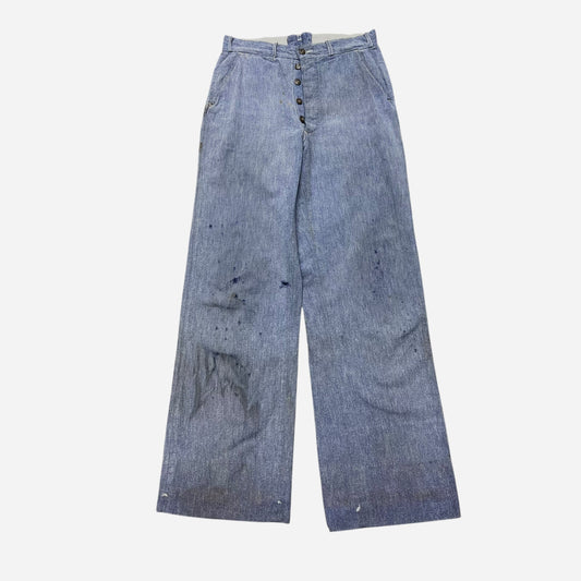 1930s Blue salt and pepper button fly cotton work pants (28w)