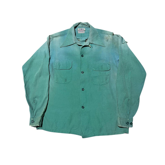 1940s 1950s Personality ribbed cotton greenish loop collar shirt (S)