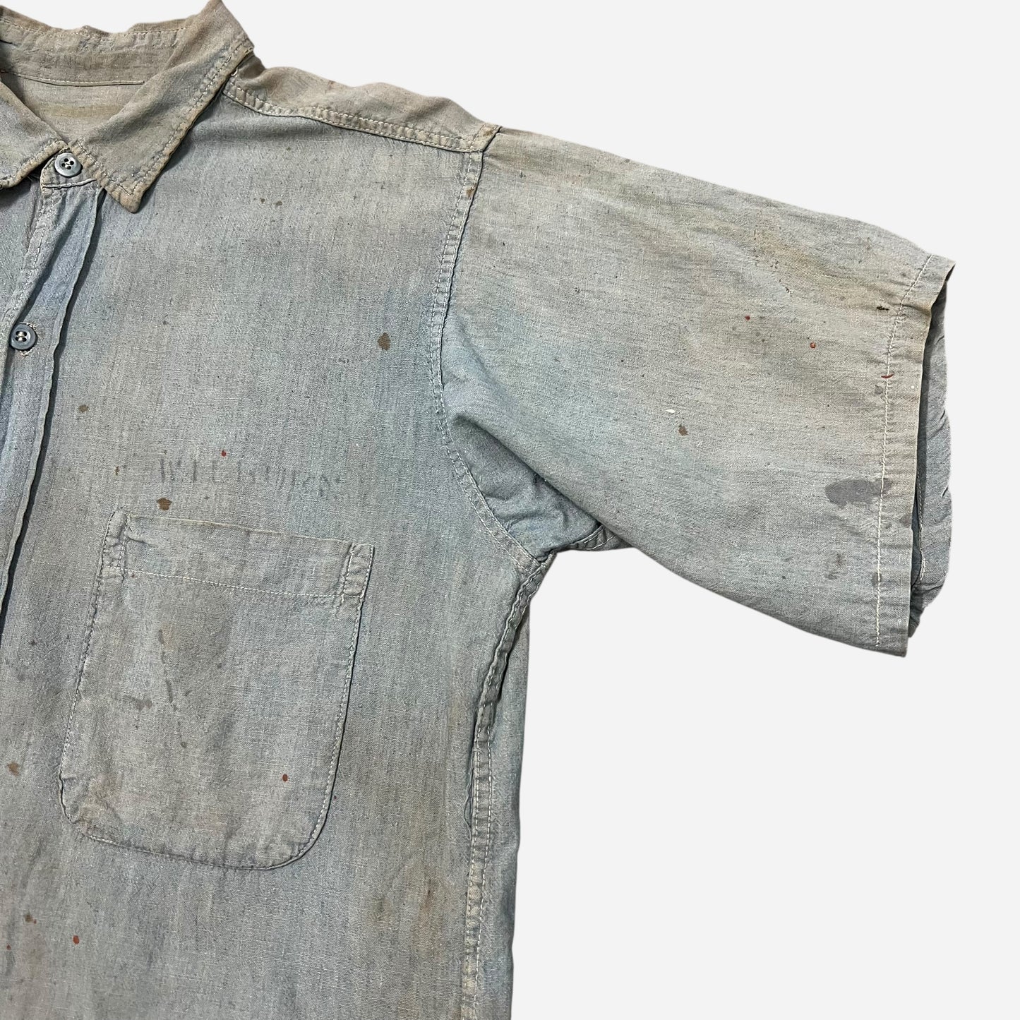 1940s WWII USN stenciled paint splatter chambray shirt (S/M)