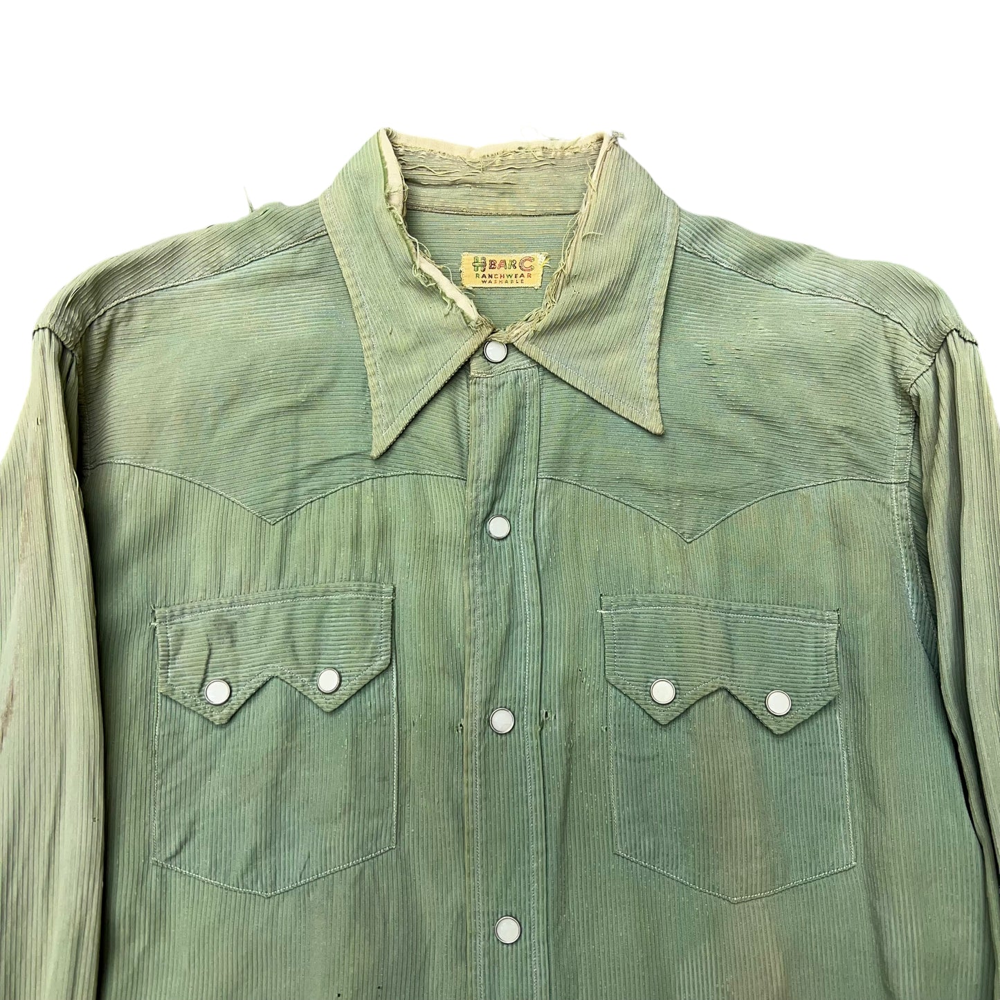 1940s H bar C green sun faded sawtooth distressed pearl snap shirt (L)