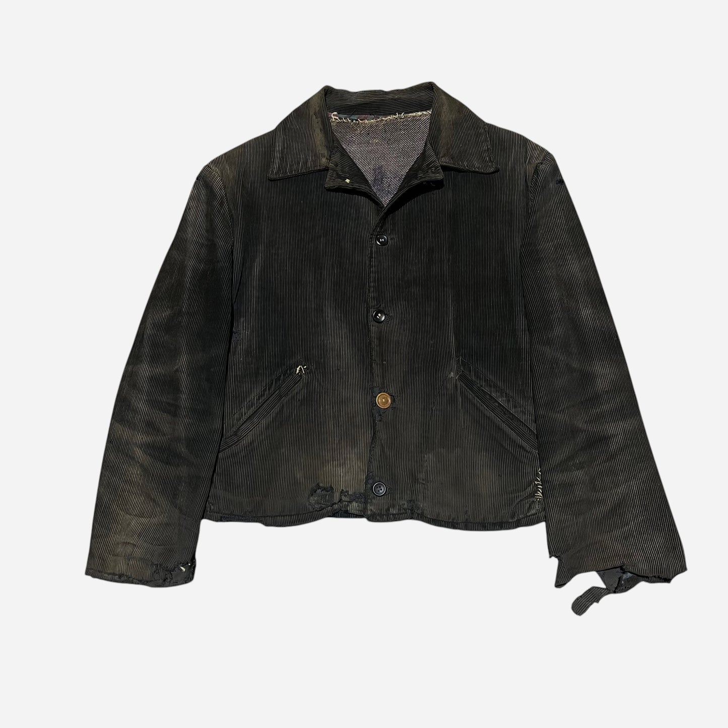1930s Black sun faded corduroy belt back work jacket (M)