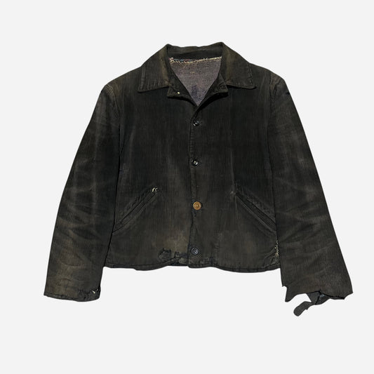 1930s Black sun faded corduroy belt back work jacket (M)