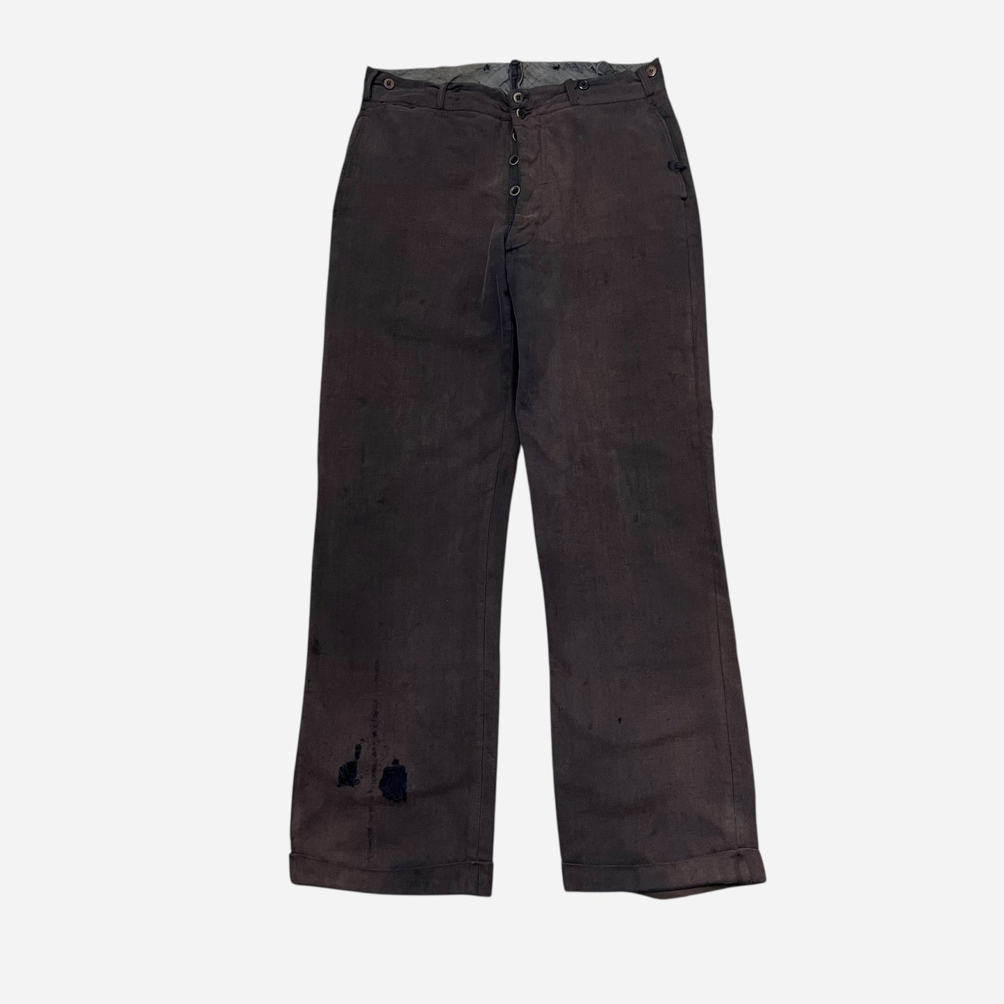 1910s 1920s Sun faded purple double button front cotton work pants (31w)