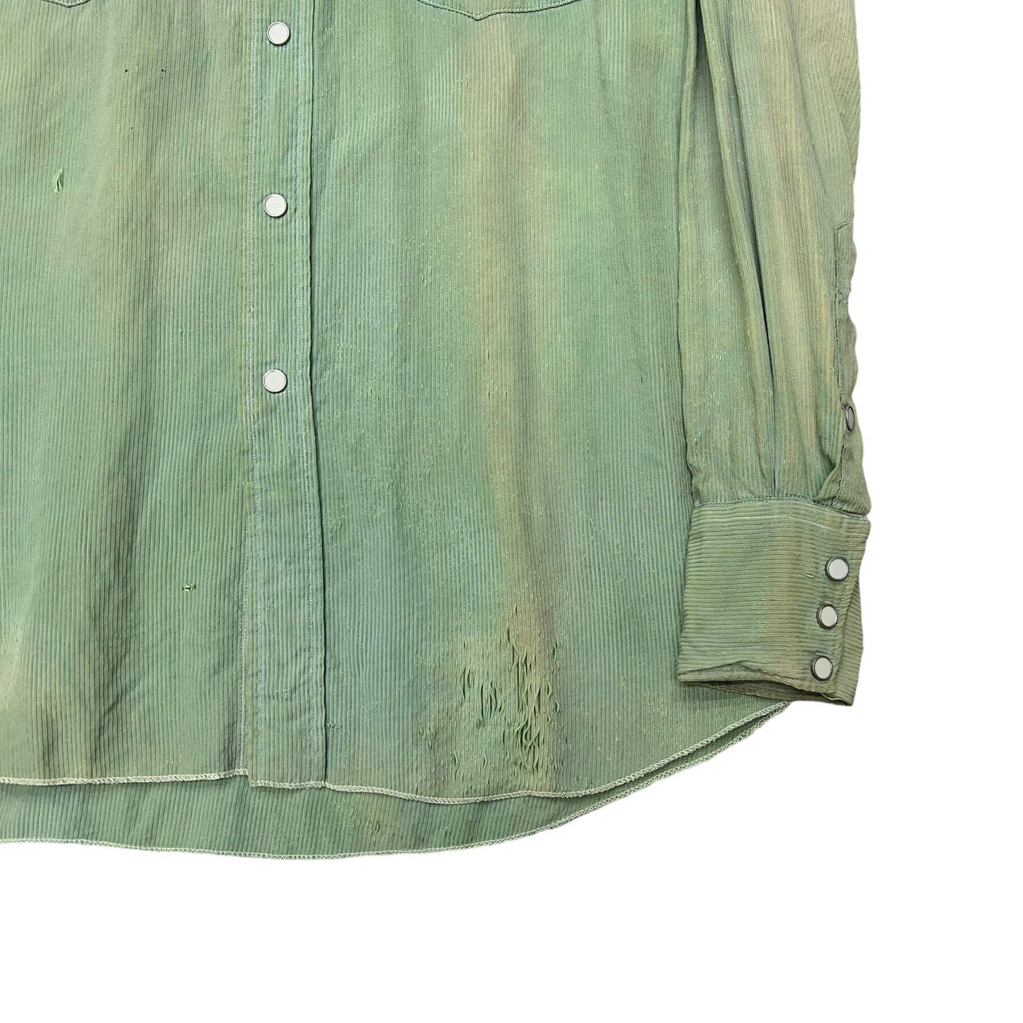1940s H bar C green sun faded sawtooth distressed pearl snap shirt (L)