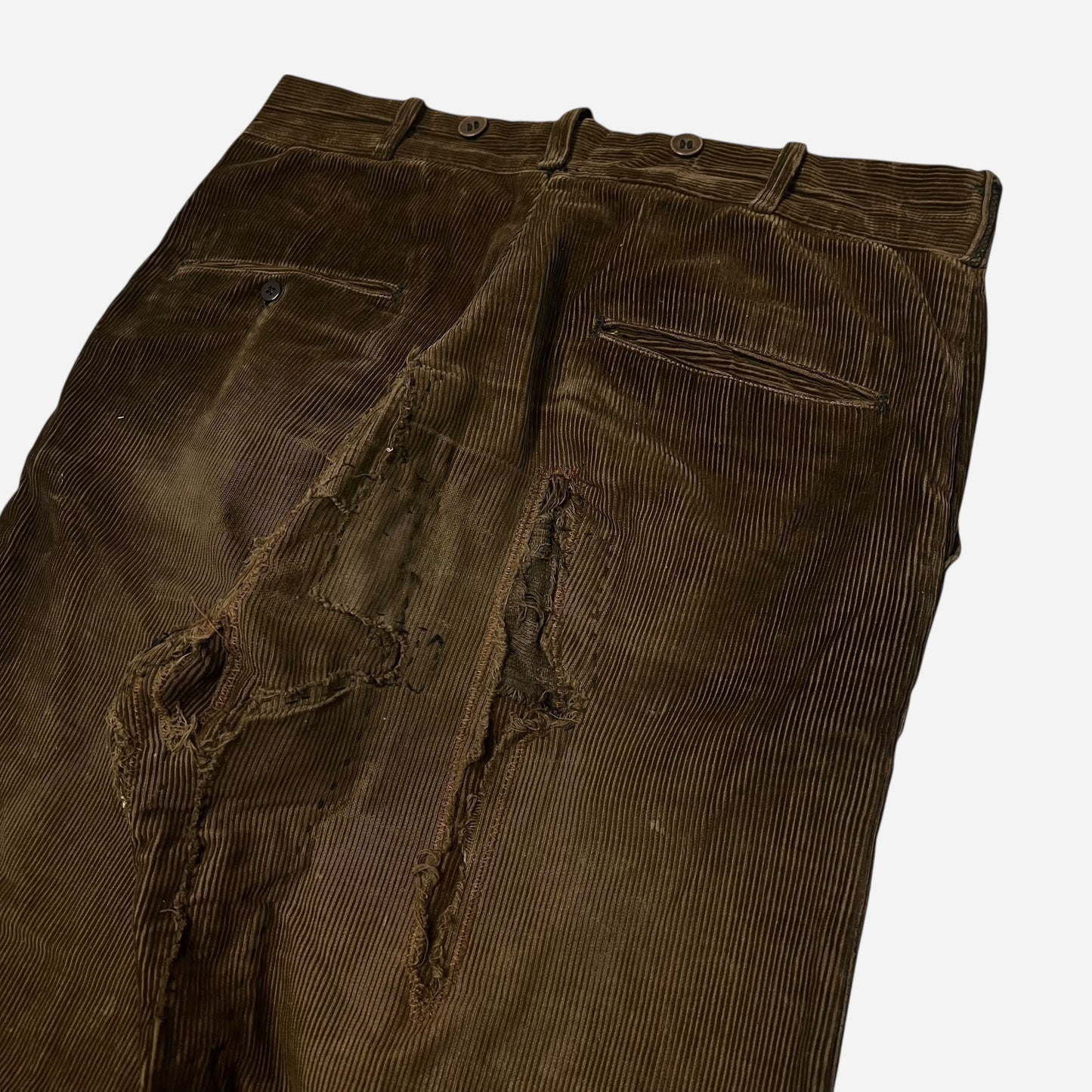 1920s Brown corduroy double button fly heavily repaired pants (32w)
