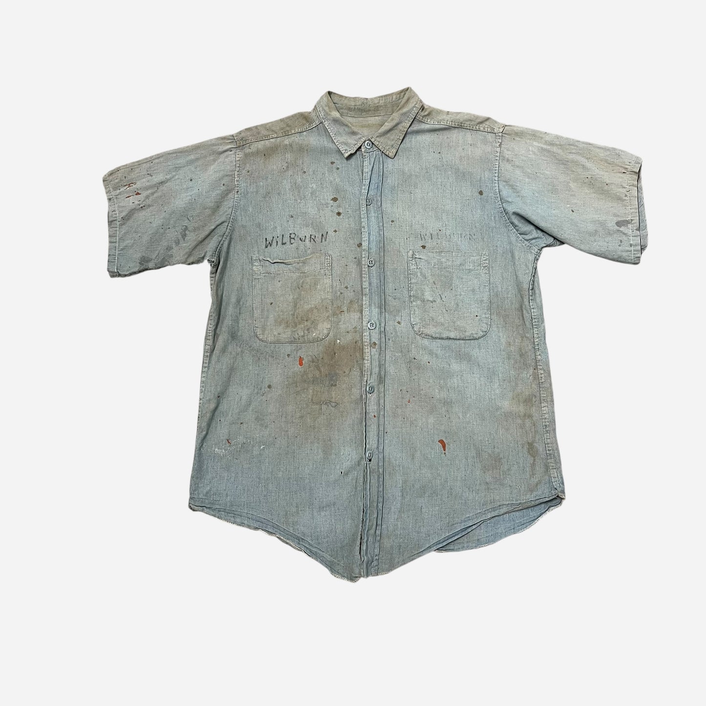 1940s WWII USN stenciled paint splatter chambray shirt (S/M)