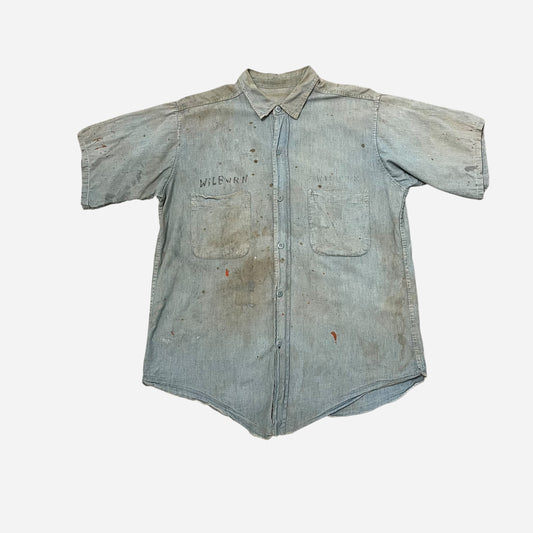 1940s WWII USN stenciled paint splatter chambray shirt (S/M)