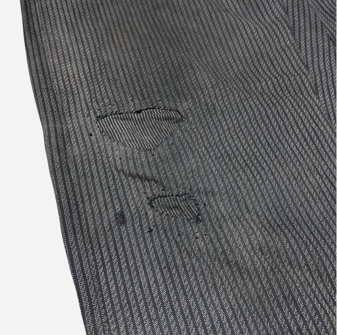 1930s Cone Homeric striped salt and pepper cotton double button fly work pants (31w)