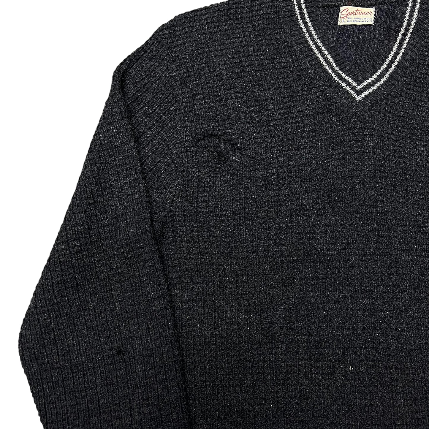 1950s Black fisherman knit v neck sweater (M)