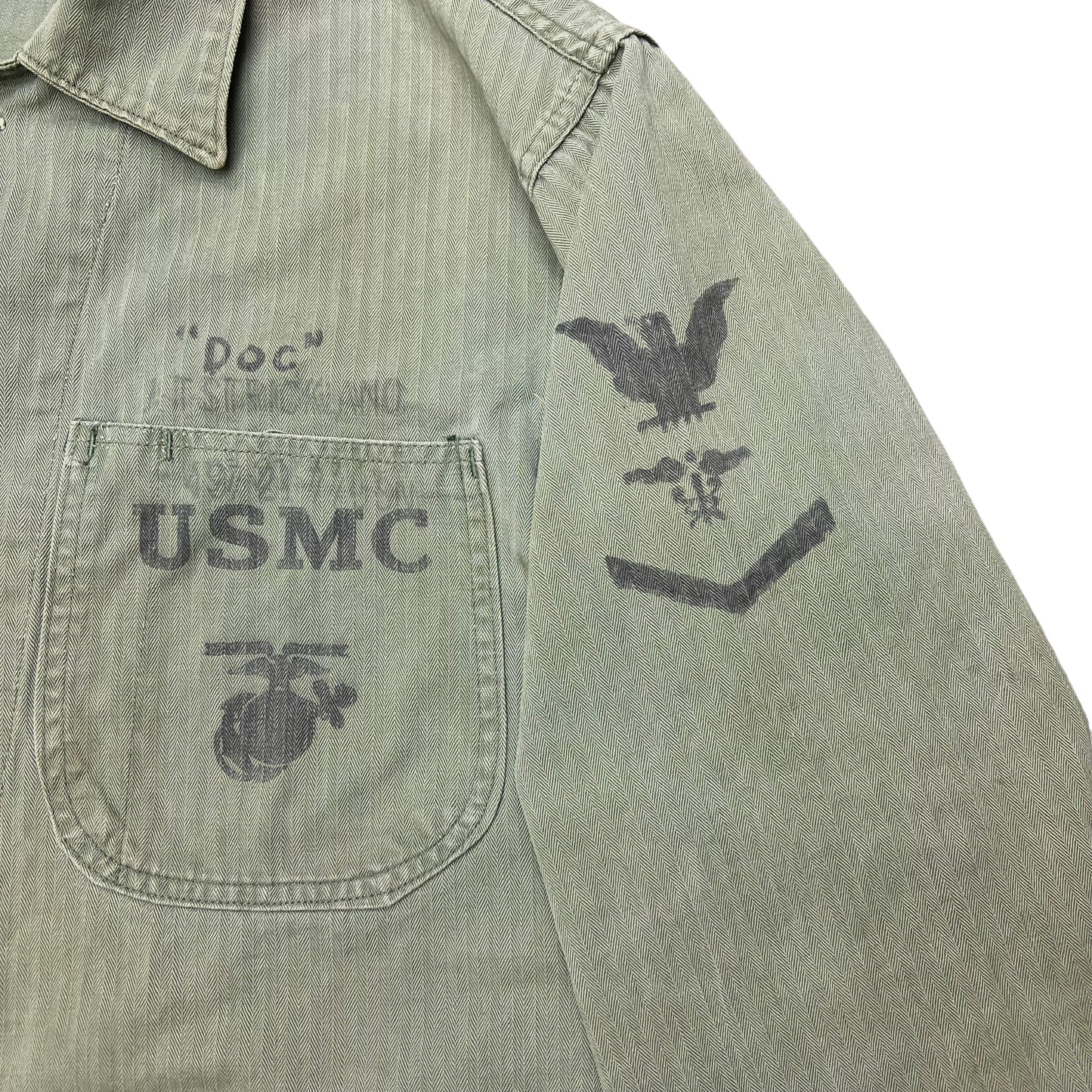 1950s USMC Korean War P41 USN worn HBT shirt jacket stenciled “Doc” (M)