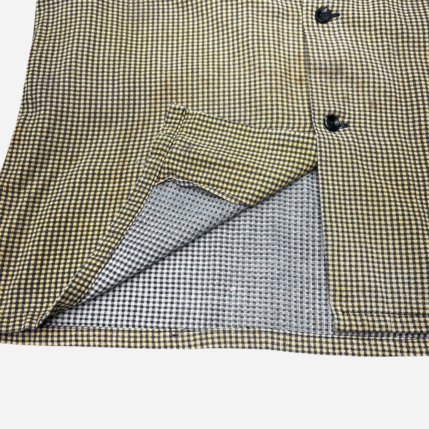 1950s Pilgrim sun faded yellow houndstooth cotton printed loop collar shirt flannel (M/L)