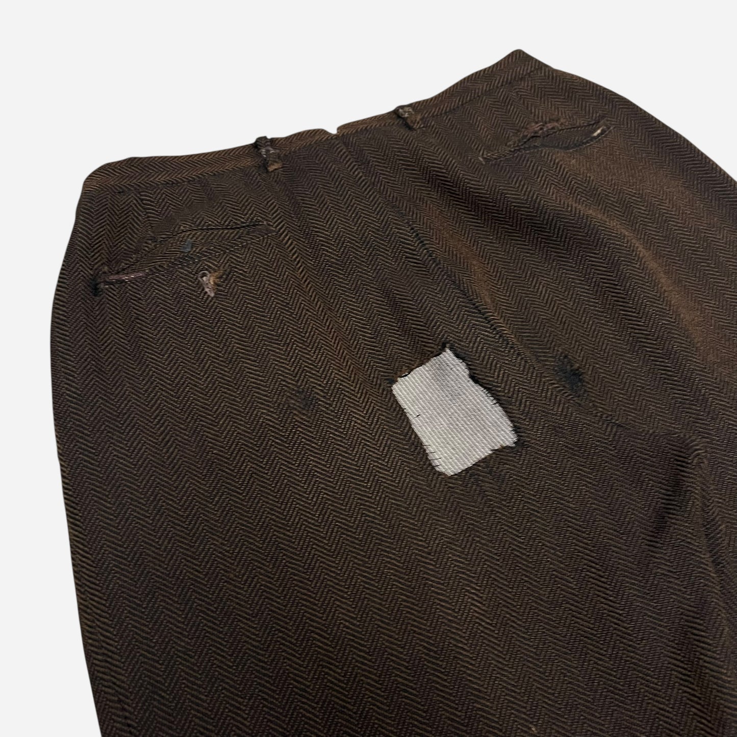 1930s Brown tweed herringbone button fly Stifel repaired pleated work pants (31w)