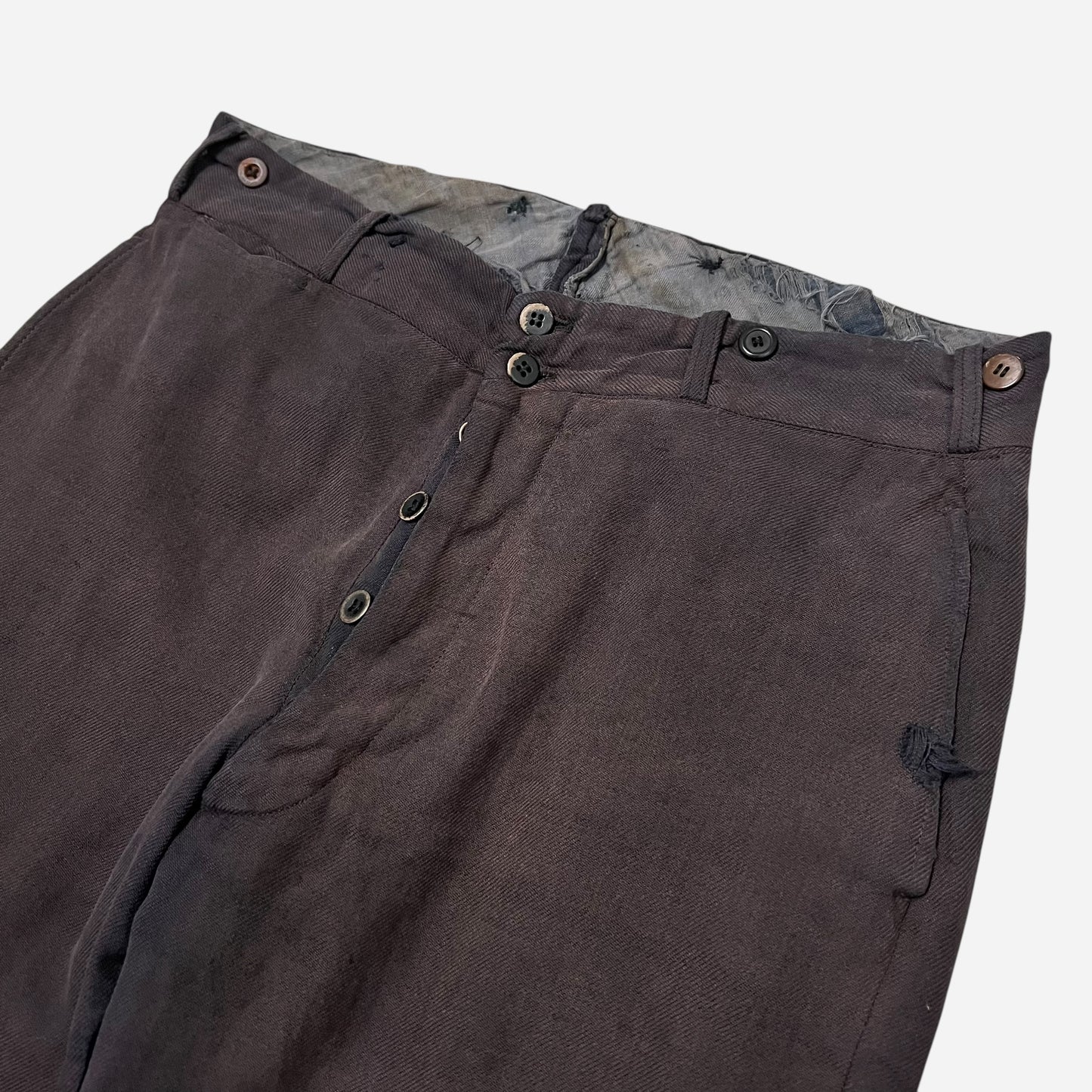 1910s 1920s Sun faded purple double button front cotton work pants (31w)