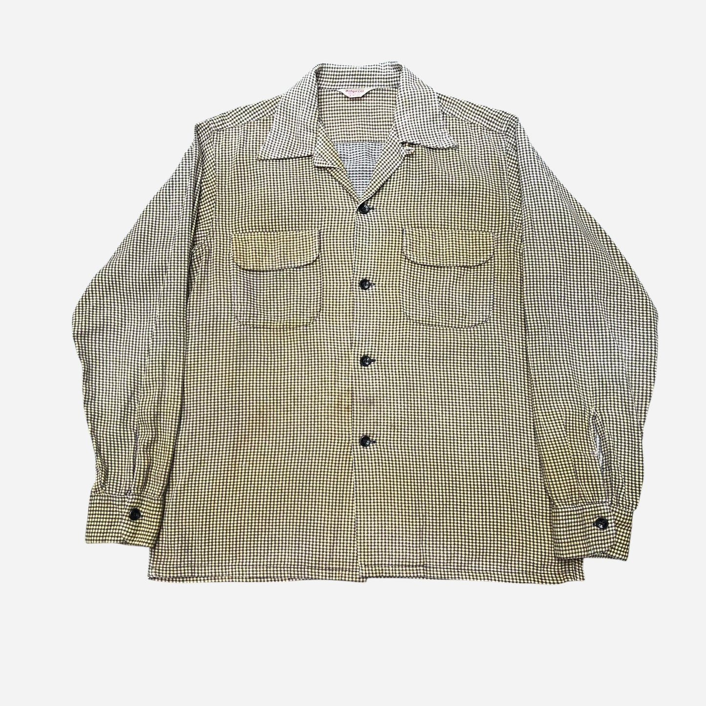 1950s Pilgrim sun faded yellow houndstooth cotton printed loop collar shirt flannel (M/L)