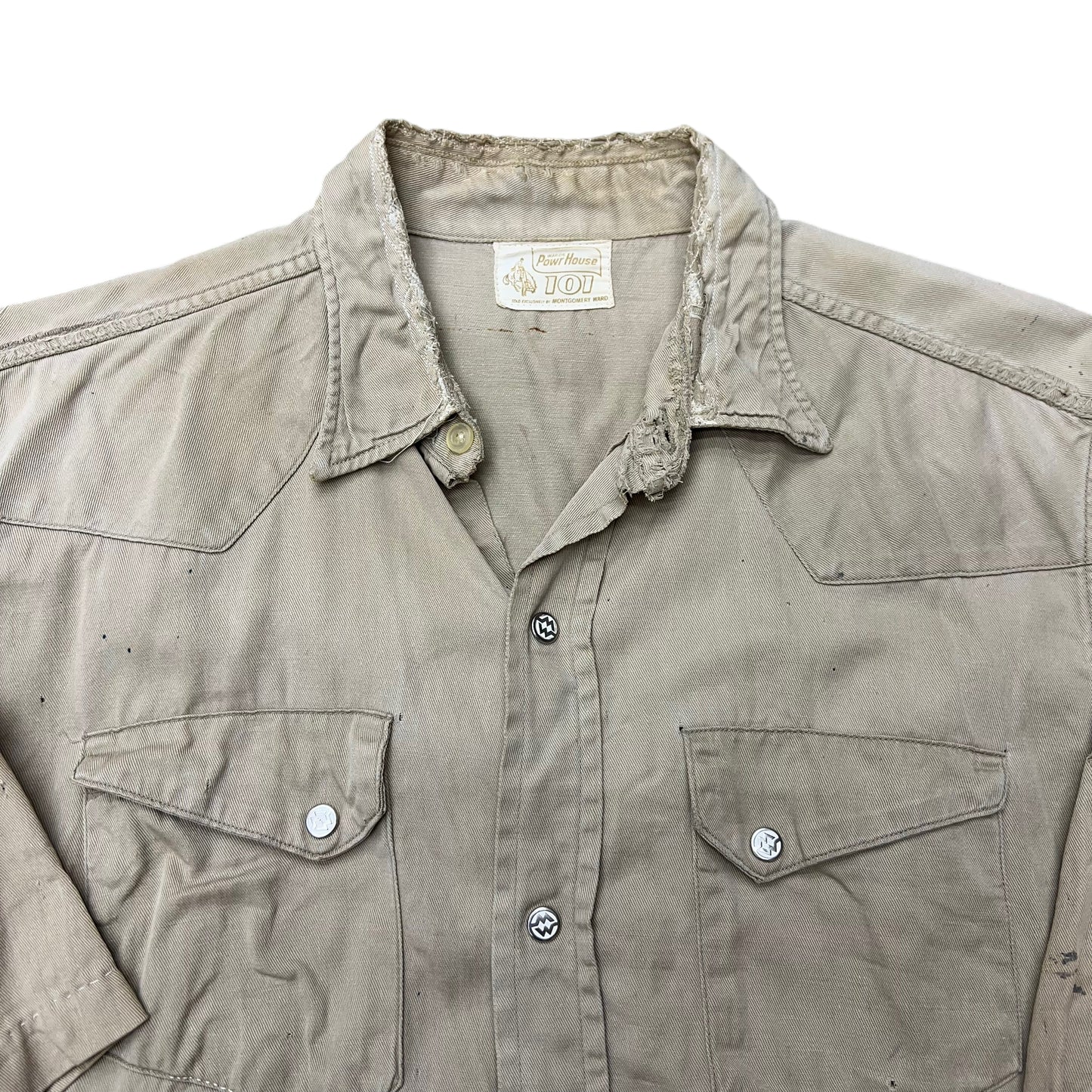 1950s Montgomery Ward Power House khaki slant pocket pearl snap shirt (M)