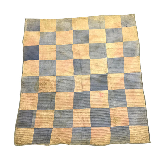 1920s-1930s Pink and blue check quilt (71”x66”)
