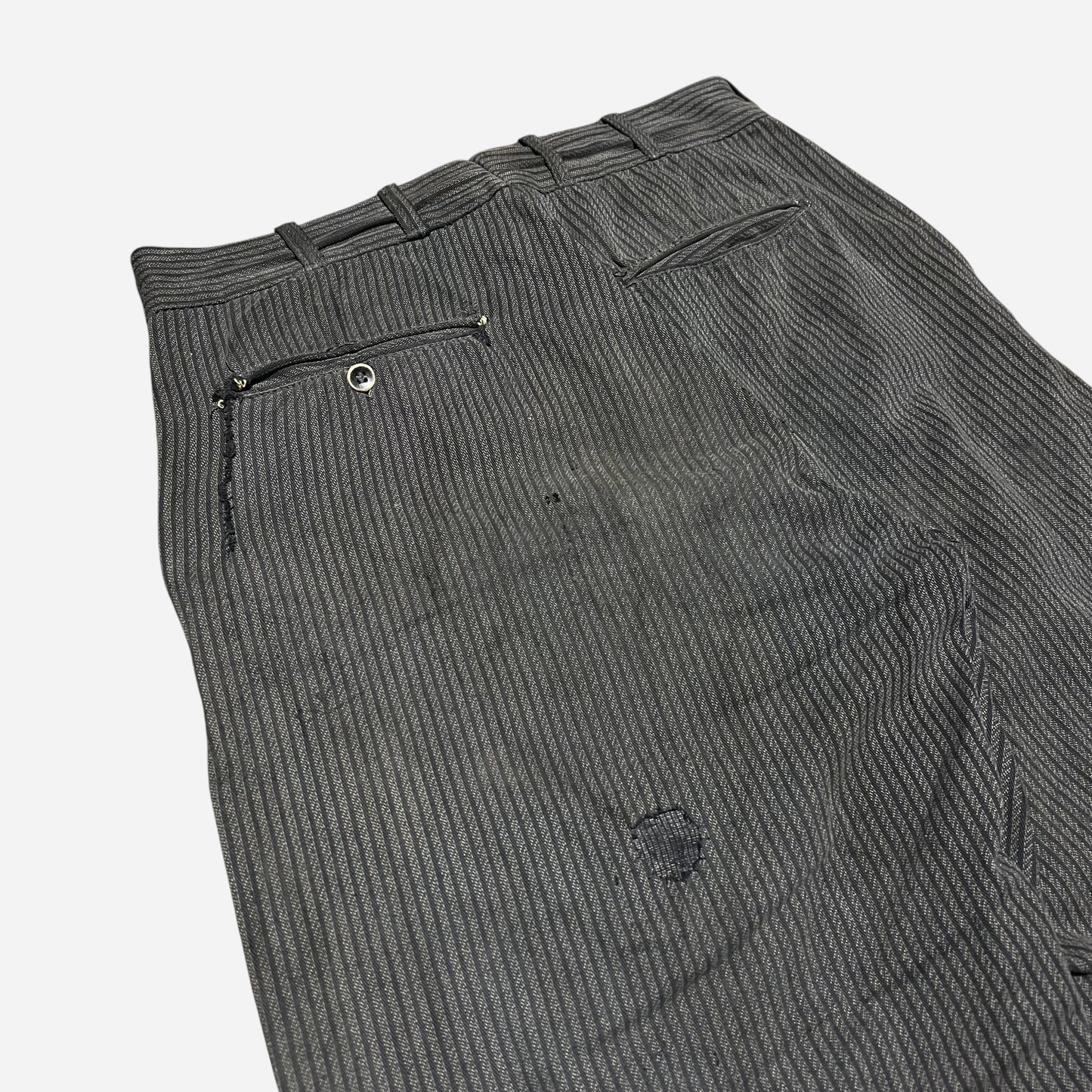 1930s Cone Homeric striped salt and pepper cotton double button fly work pants (31w)