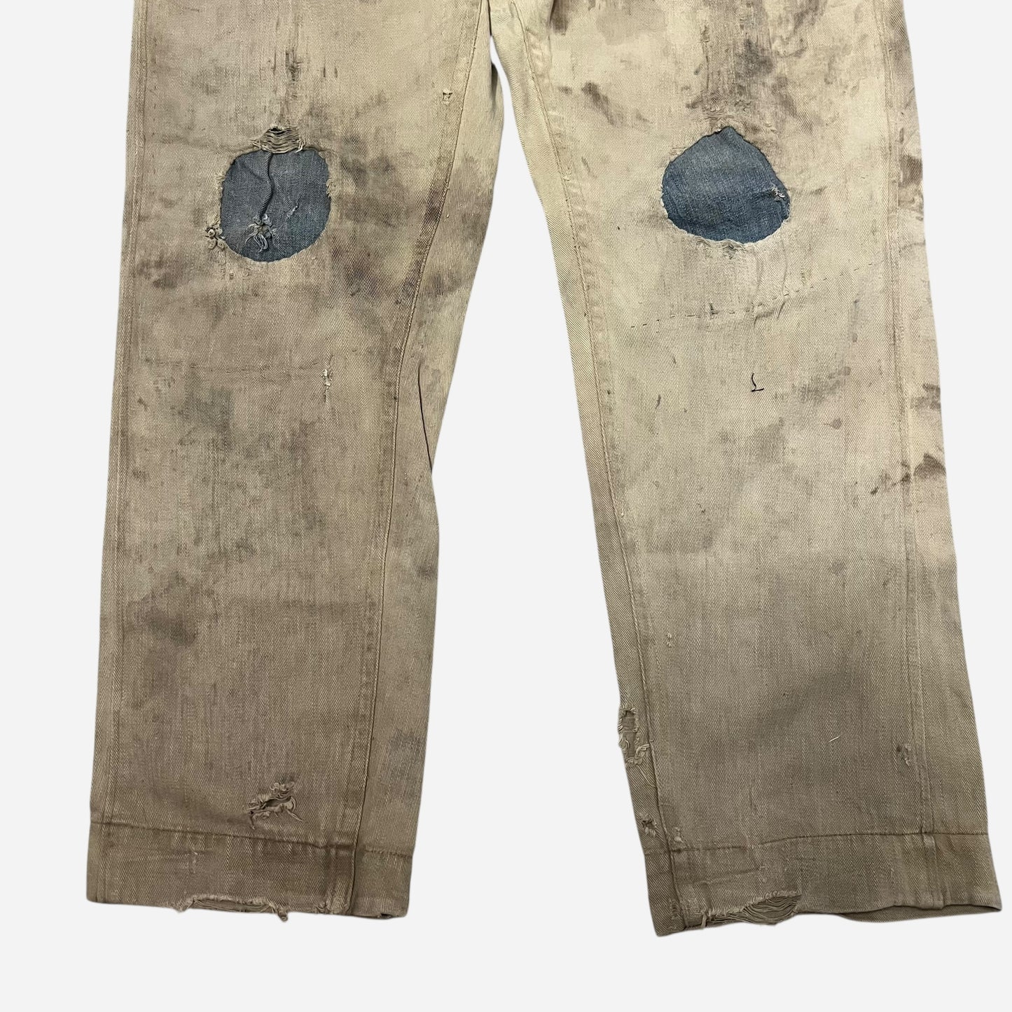 1920s Denim repaired tan cotton button fly work pants (31w)