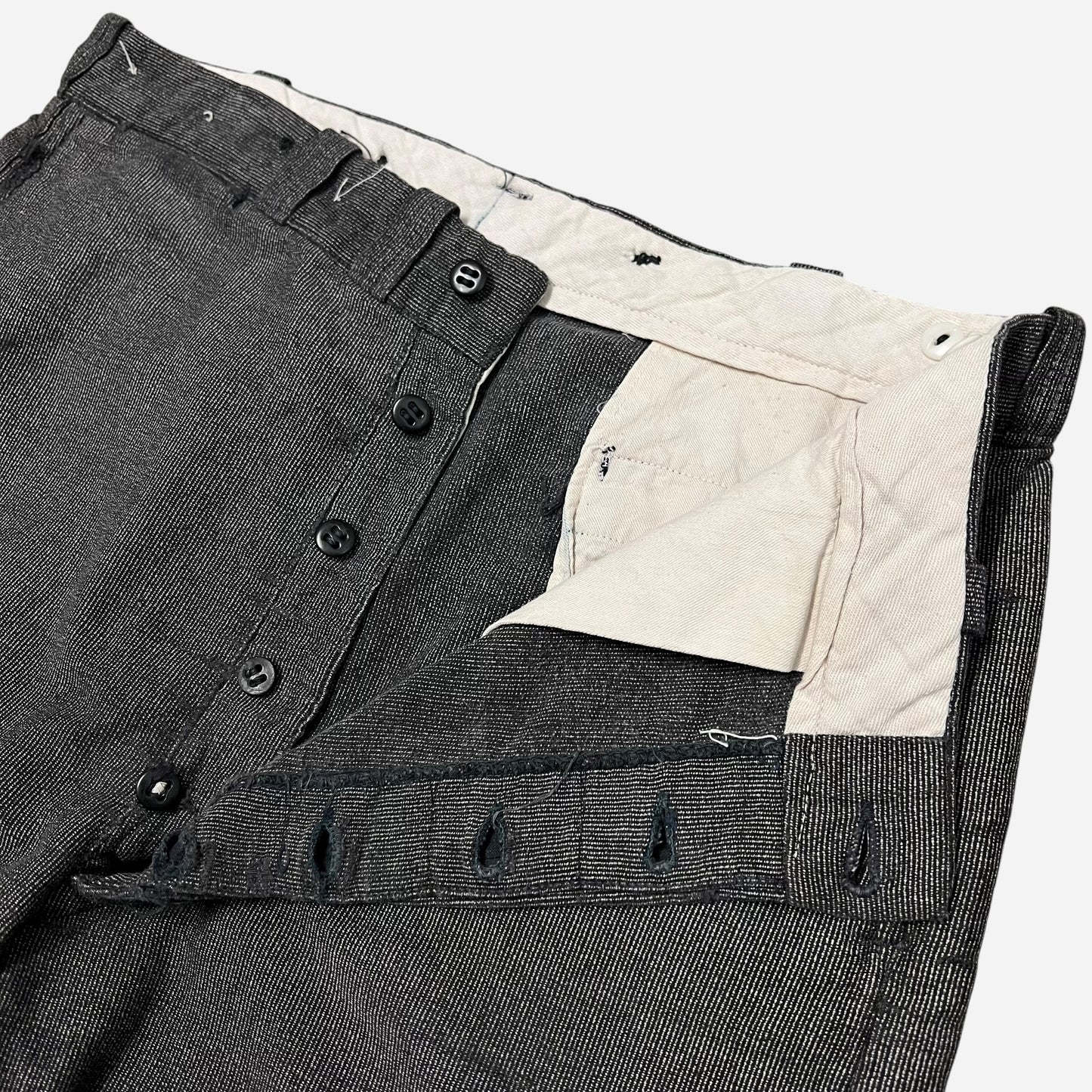 1940s Stifel moleskin salt and pepper repaired work pants (33w)